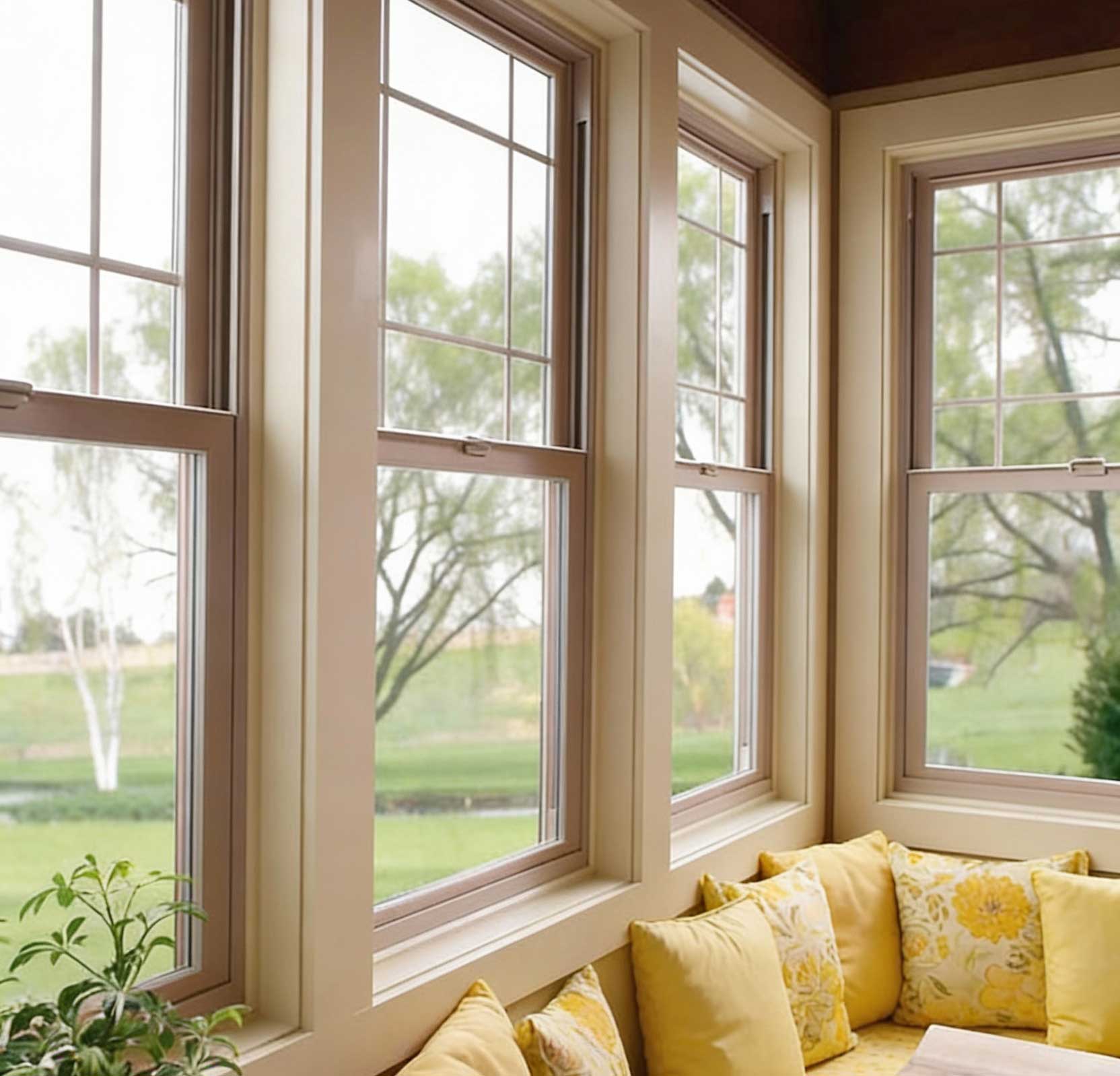 Cozy interior space with multiple white-framed double hung windows providing abundant natural light and outdoor views, highlighting classic home design, energy efficiency, and professionally installed Double Hung Windows Atlanta.