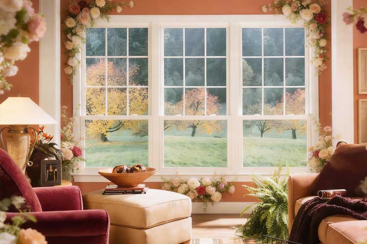 Bright living room interior featuring large decorative picture windows with garden views, floral trim, and natural light, showcasing elegant home design with Picture Windows Atlanta.