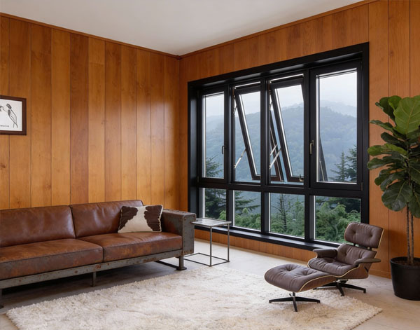 Modern living room with wood-paneled walls featuring large black-framed windows overlooking scenic mountains, stylish seating and natural light highlighting premium design and professionally installed New & Replacement Windows Atlanta for comfort and efficiency.